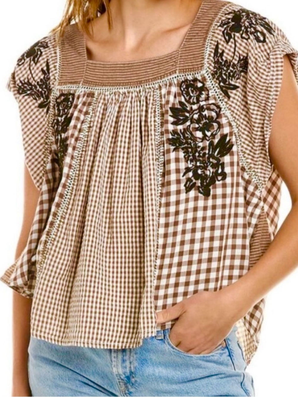 FREE PEOPLE HALF MOON GINGHAM BLOUSE SIZE MEDIUM!!